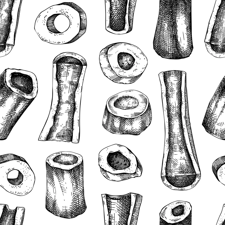 Big marrowbone with meat sketches. Raw bones background. Hand-drawn vector illustration for butchery, recipes, menu in vintage style. Healthy food seamless pattern